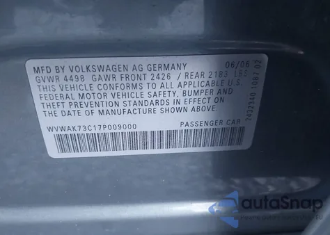 2007 Volkswagen Passat 2.0T/Wolfsburg Edition from USA, damaged, VIN WVWAK73C17P009000